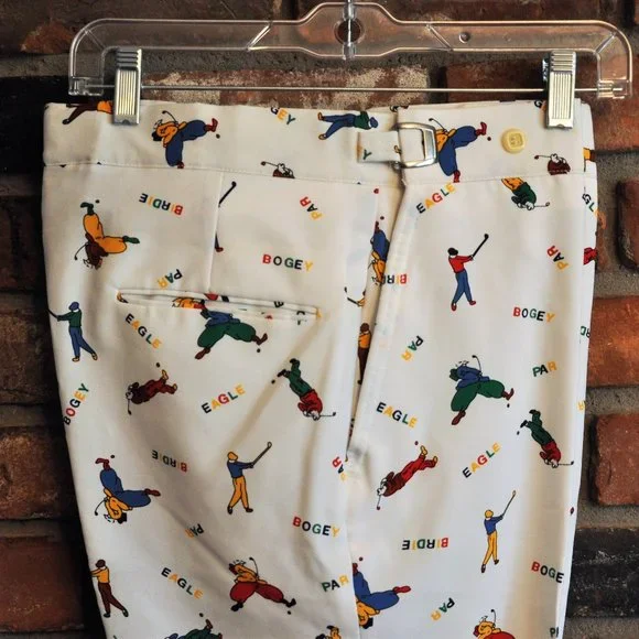 Vintage 60s 70s White Golf Pants, All Over Print. Par, Bogey, Eagle W 30-36" - Picture 4 of 4